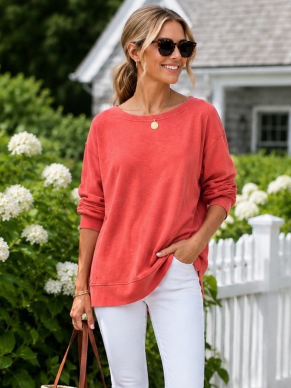 Coral French Terry Pullover Sweatshirt Coastal Hamptons Chic Top